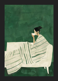 A poster depicting a woman wrapped in a striped blanket, enjoying a hot cup of-5