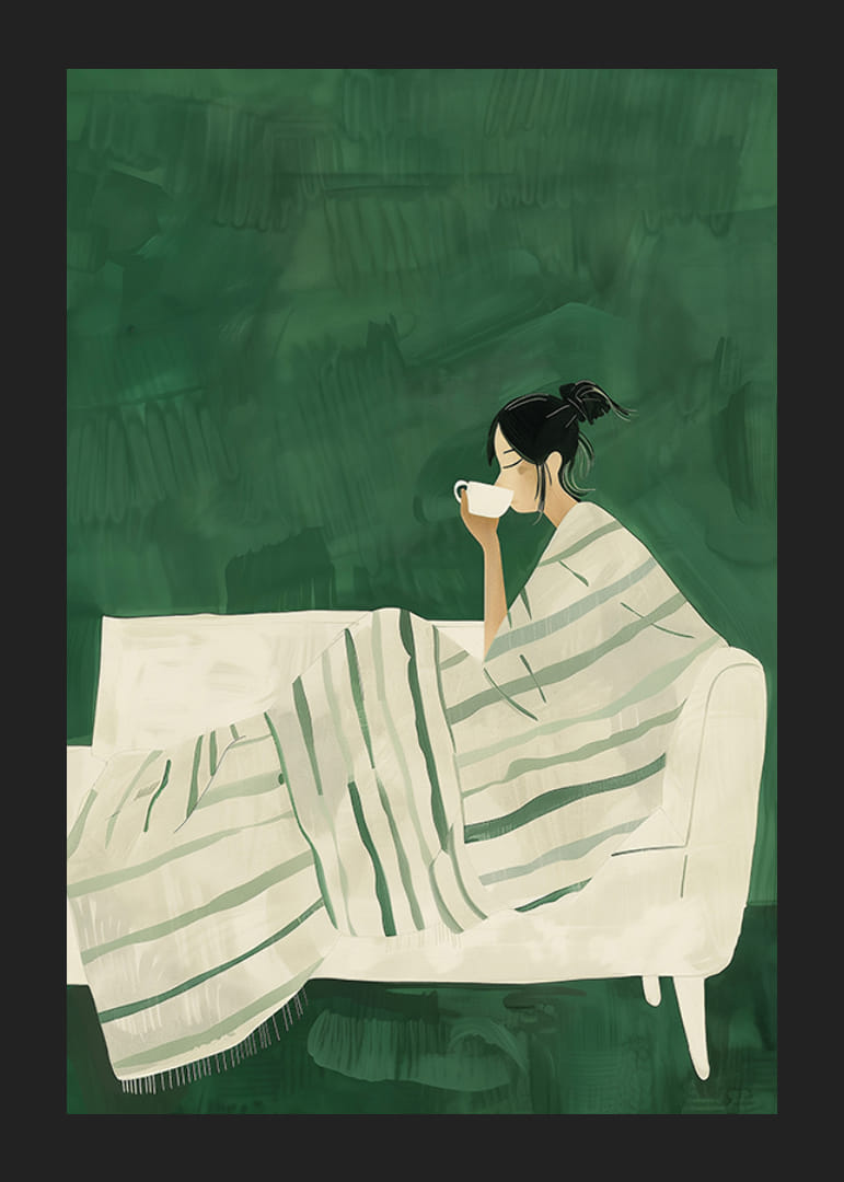 Een poster waarop een vrouw is afgebeeld, gewikkeld in een gestreepte deken, genietend van een warme kop thee.-12