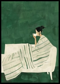 A poster depicting a woman wrapped in a striped blanket, enjoying a hot cup of-6