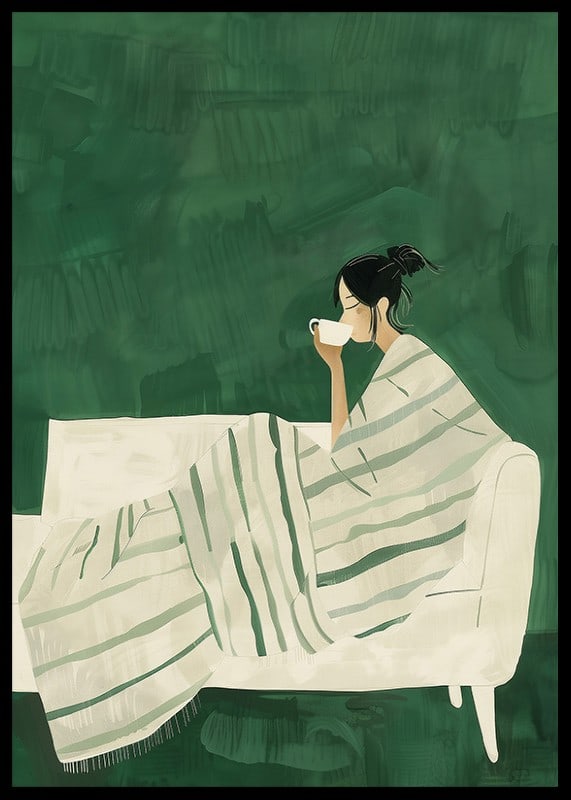 A poster depicting a woman wrapped in a striped blanket, enjoying a hot cup of-12