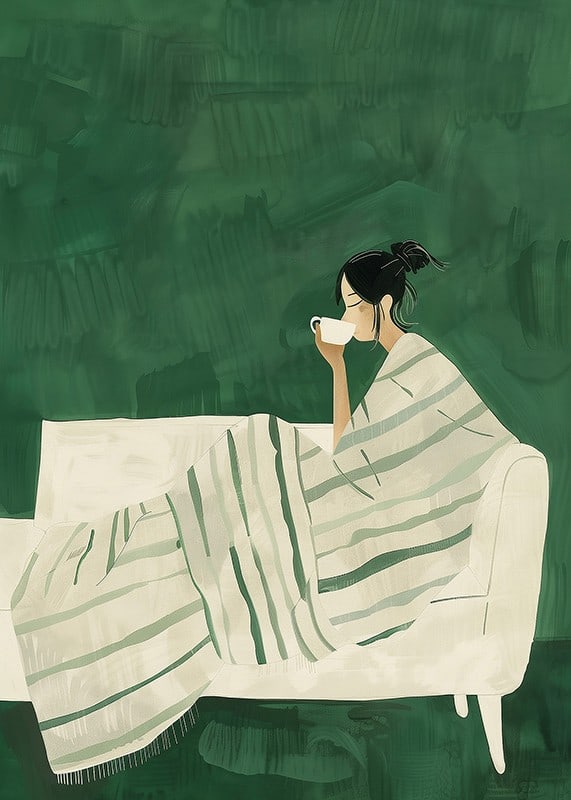 A poster depicting a woman wrapped in a striped blanket, enjoying a hot cup of-12
