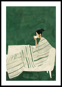 A poster depicting a woman wrapped in a striped blanket, enjoying a hot cup of-0