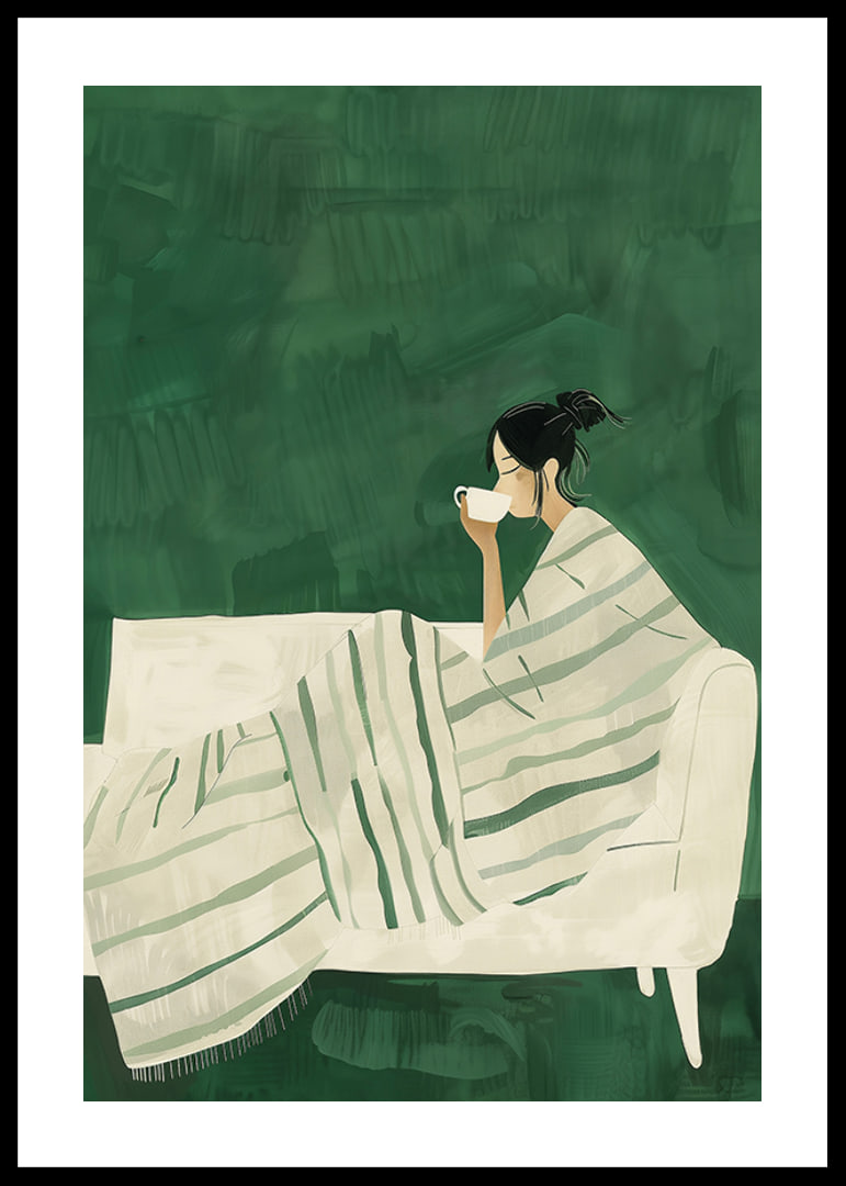 A poster depicting a woman wrapped in a striped blanket, enjoying a hot cup of-12