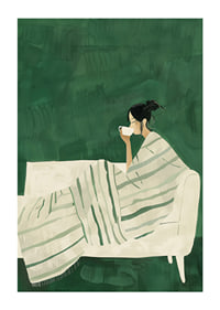 A poster depicting a woman wrapped in a striped blanket, enjoying a hot cup of-1