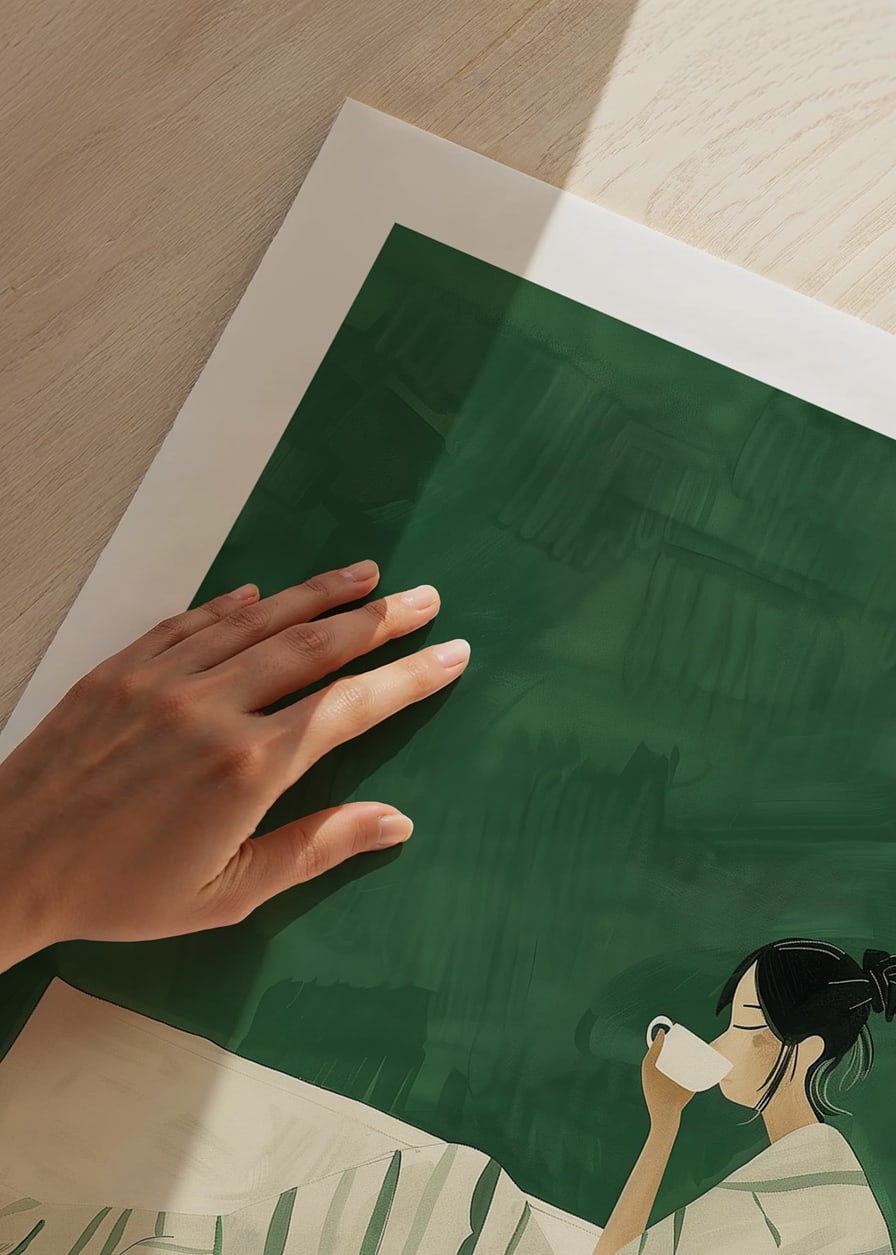 A poster depicting a woman wrapped in a striped blanket, enjoying a hot cup of-12