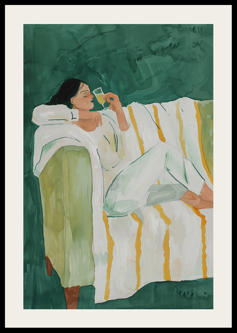 A poster depicting a woman in relaxed luxury, enjoying a glass of wine-12