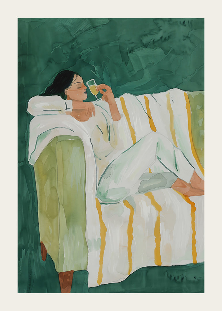 A poster depicting a woman in relaxed luxury, enjoying a glass of wine-12