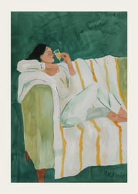 Egy poszter, amely egy nőt ábrázol nyugodt luxusban, egy pohár bort élvezve-3