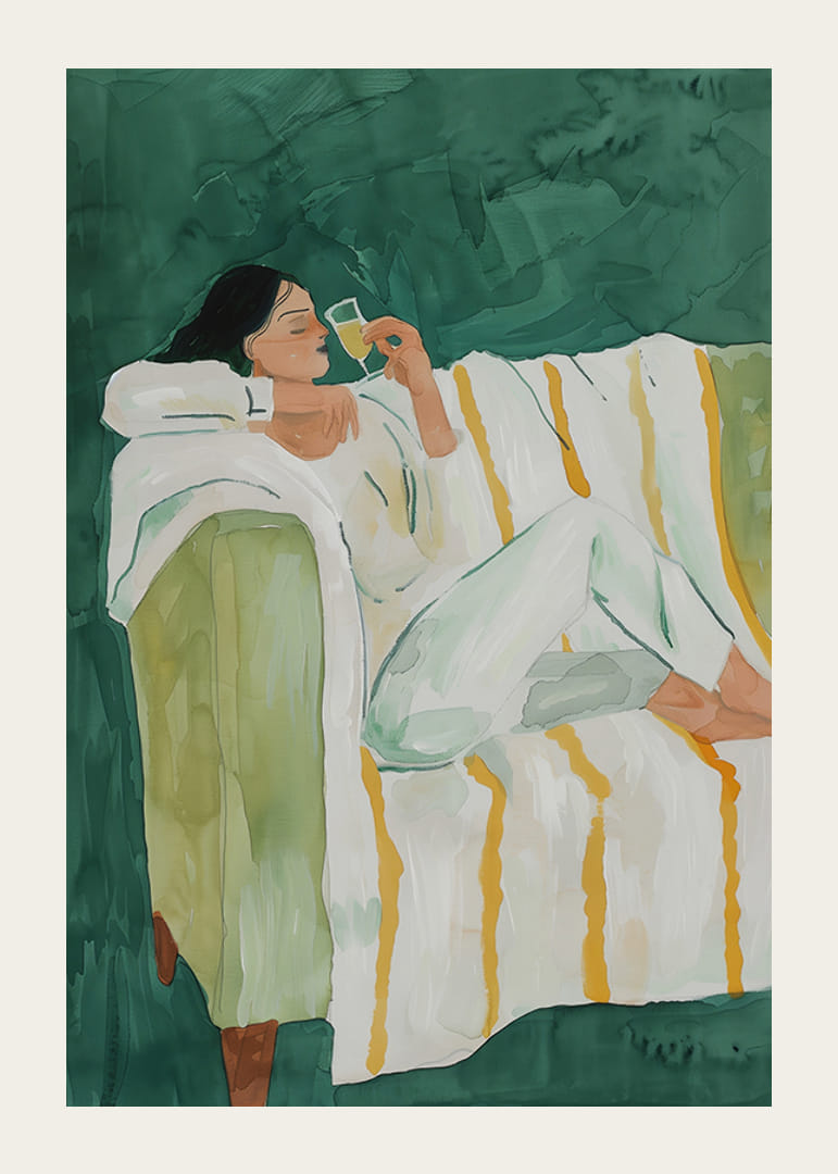 Egy poszter, amely egy nőt ábrázol nyugodt luxusban, egy pohár bort élvezve-12