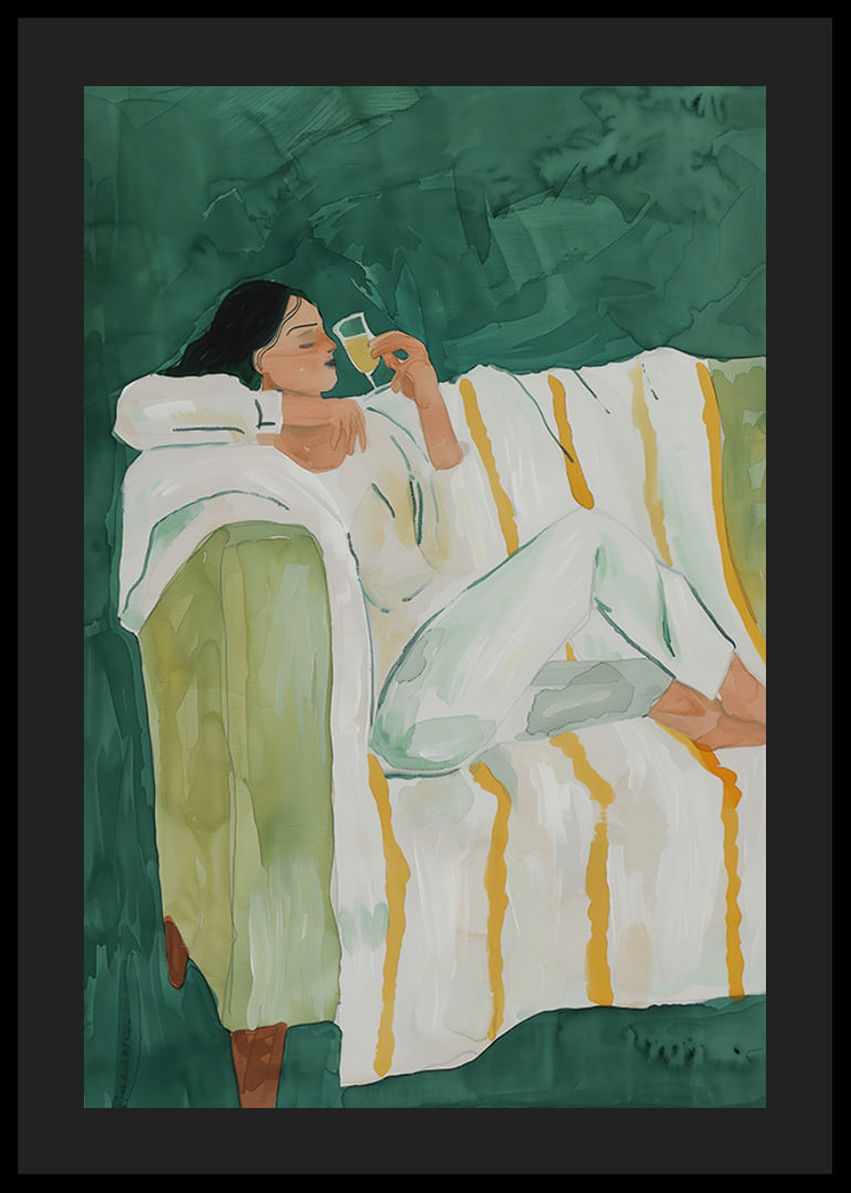 A poster depicting a woman in relaxed luxury, enjoying a glass of wine-12