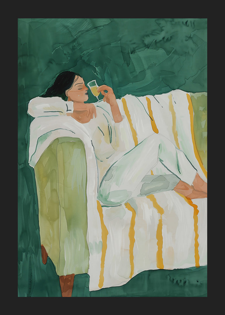 A poster depicting a woman in relaxed luxury, enjoying a glass of wine-12