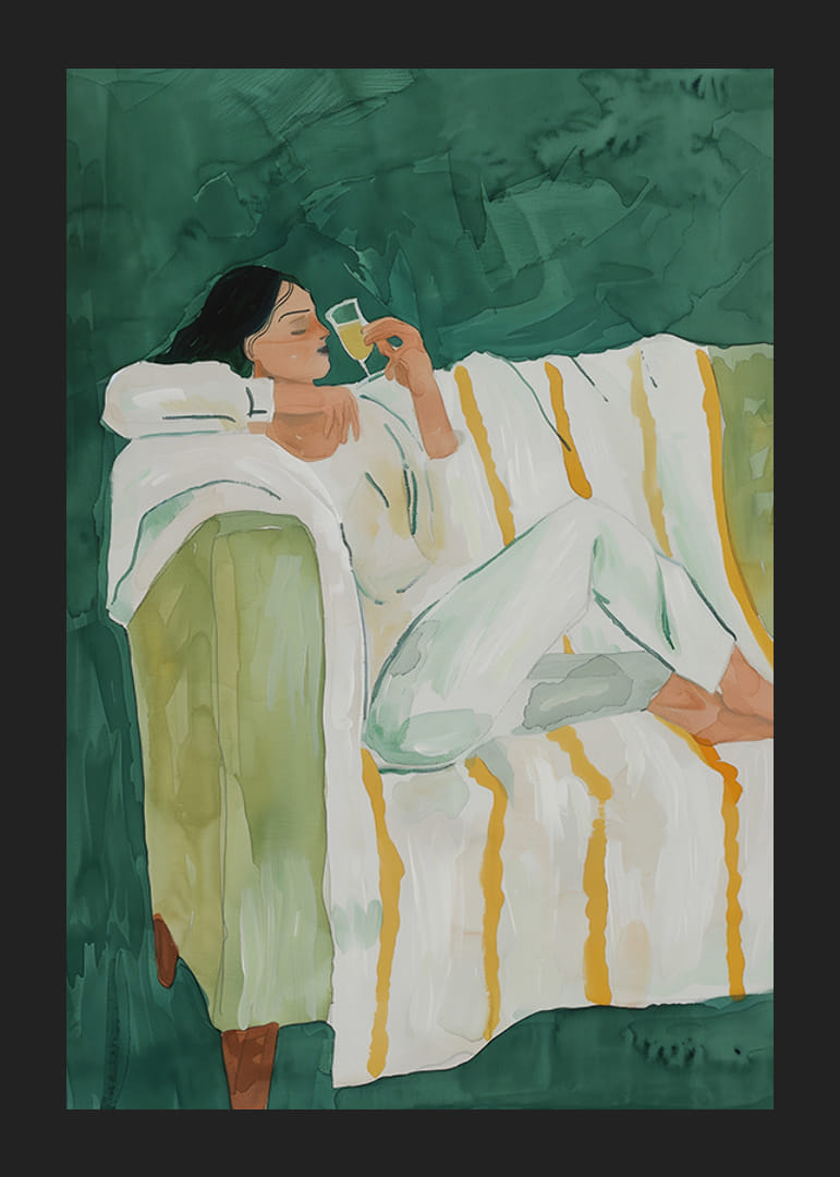 Egy poszter, amely egy nőt ábrázol nyugodt luxusban, egy pohár bort élvezve-12