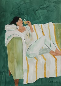 A poster depicting a woman in relaxed luxury, enjoying a glass of wine-7