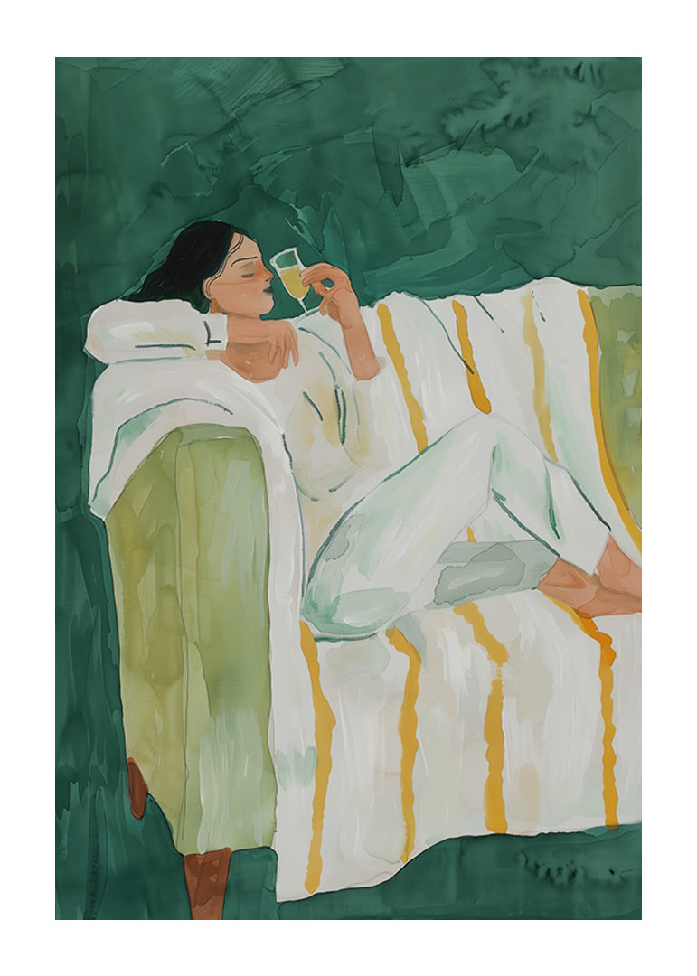 A poster depicting a woman in relaxed luxury, enjoying a glass of wine-12