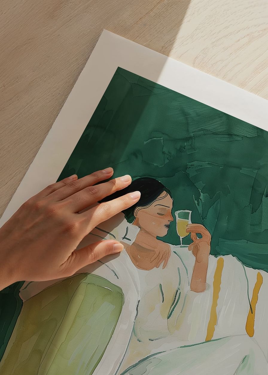 Une affiche représentant une femme dans un luxe décontracté, dégustant un verre de vin-12