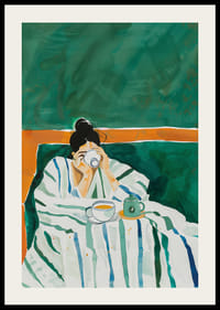 Egy poszter, amely egy csíkos takaróba bugyolált nőt ábrázol, aki egy csésze kávét élvez-2