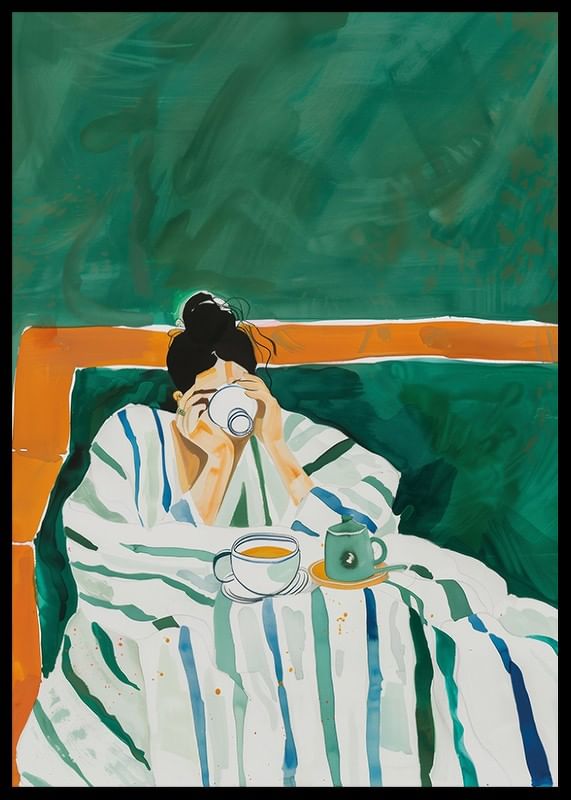 A poster depicting a woman wrapped in a striped blanket enjoying a cup of coffee-12