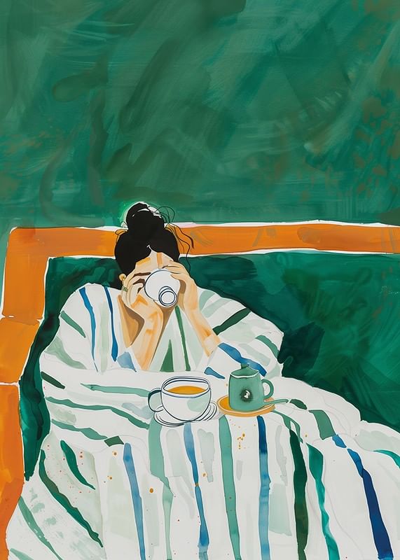 A poster depicting a woman wrapped in a striped blanket enjoying a cup of coffee-12