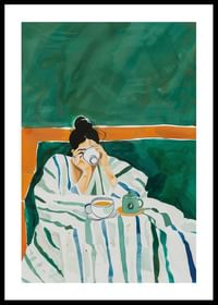 A poster depicting a woman wrapped in a striped blanket enjoying a cup of coffee-0