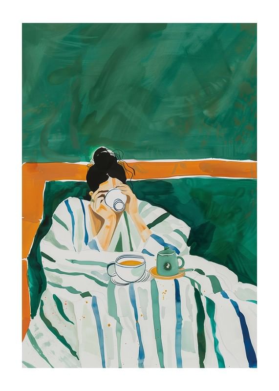 A poster depicting a woman wrapped in a striped blanket enjoying a cup of coffee-12