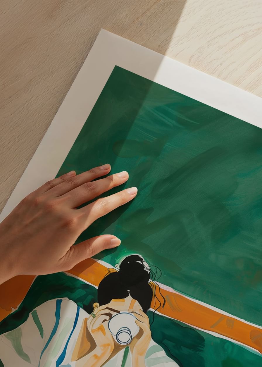 A poster depicting a woman wrapped in a striped blanket enjoying a cup of coffee-12