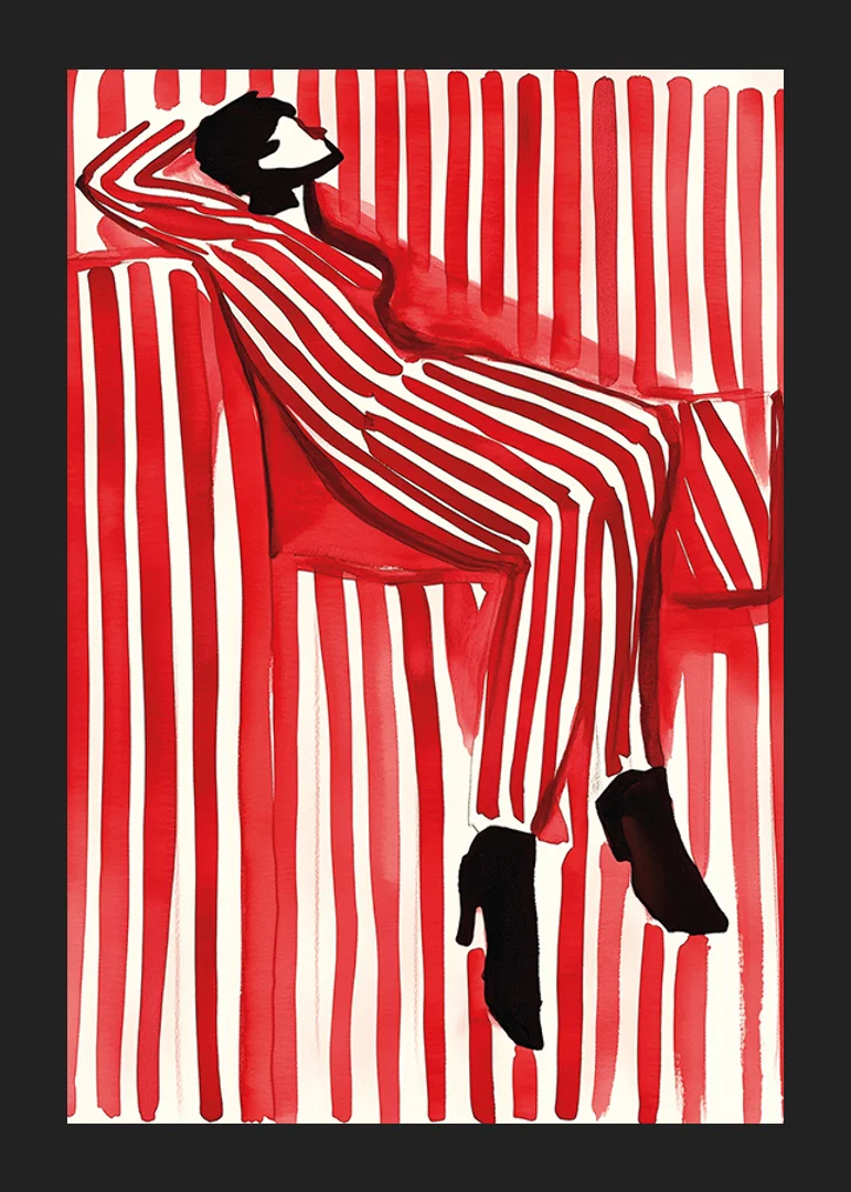 A poster depicting a person in a striped outfit that blends into the background-12