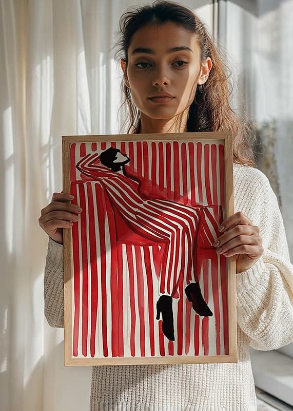 A poster depicting a person in a striped outfit that blends into the background-12