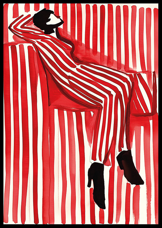 A poster depicting a person in a striped outfit that blends into the background-12