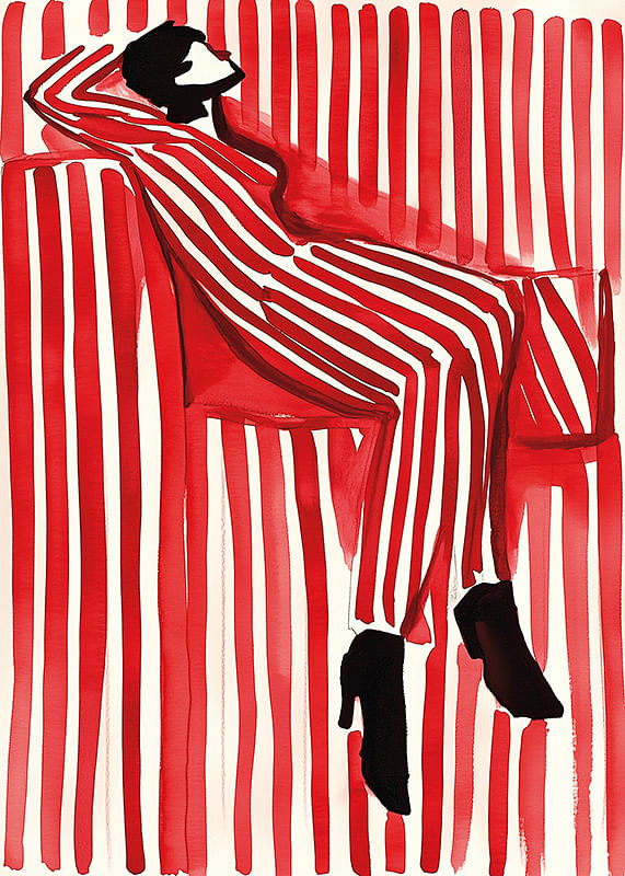A poster depicting a person in a striped outfit that blends into the background-12