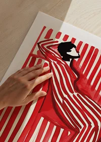 A poster depicting a person in a striped outfit that blends into the background-9