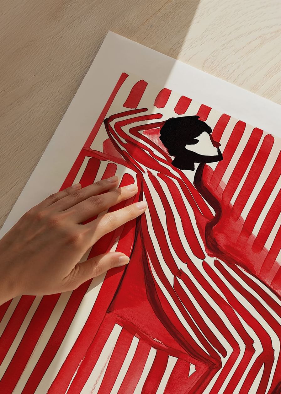 A poster depicting a person in a striped outfit that blends into the background-12