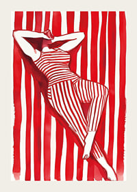 A woman resting in red and white stripes creates a hypnotic harmony-3