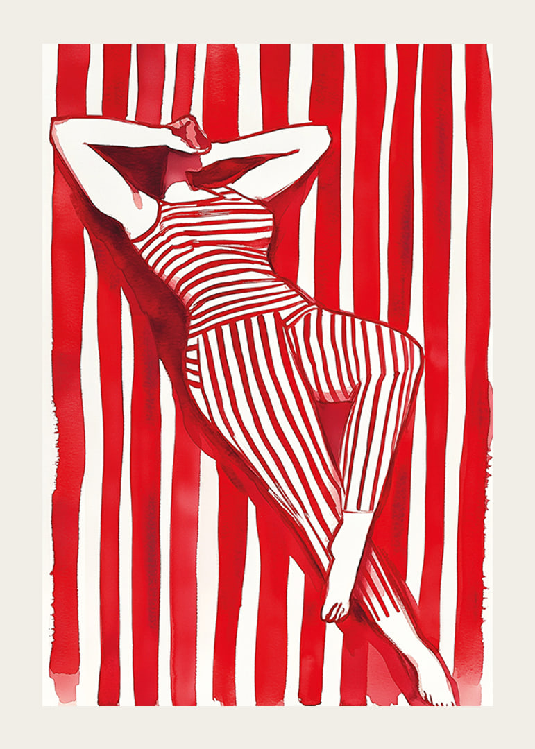 A woman resting in red and white stripes creates a hypnotic harmony-12