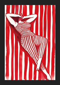 A woman resting in red and white stripes creates a hypnotic harmony-5