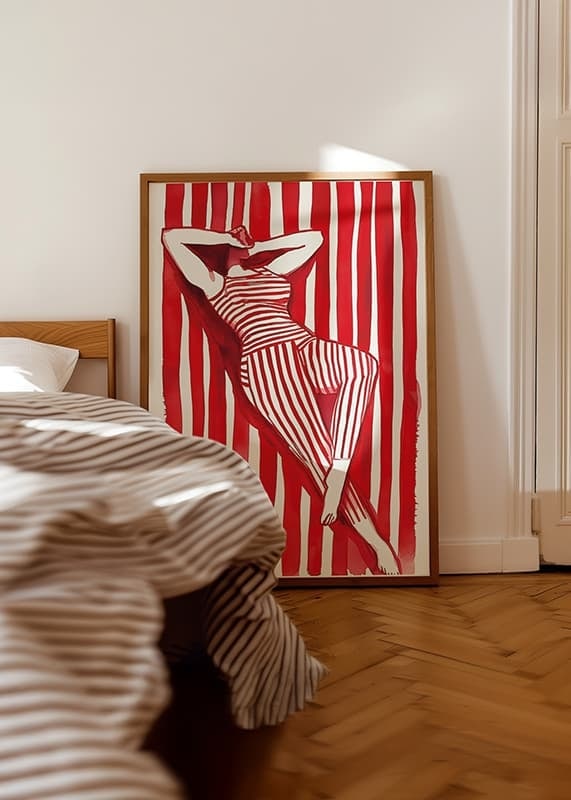 A woman resting in red and white stripes creates a hypnotic harmony-12