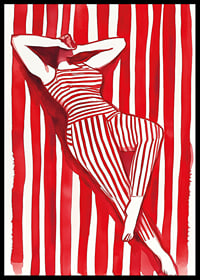 A woman resting in red and white stripes creates a hypnotic harmony-6