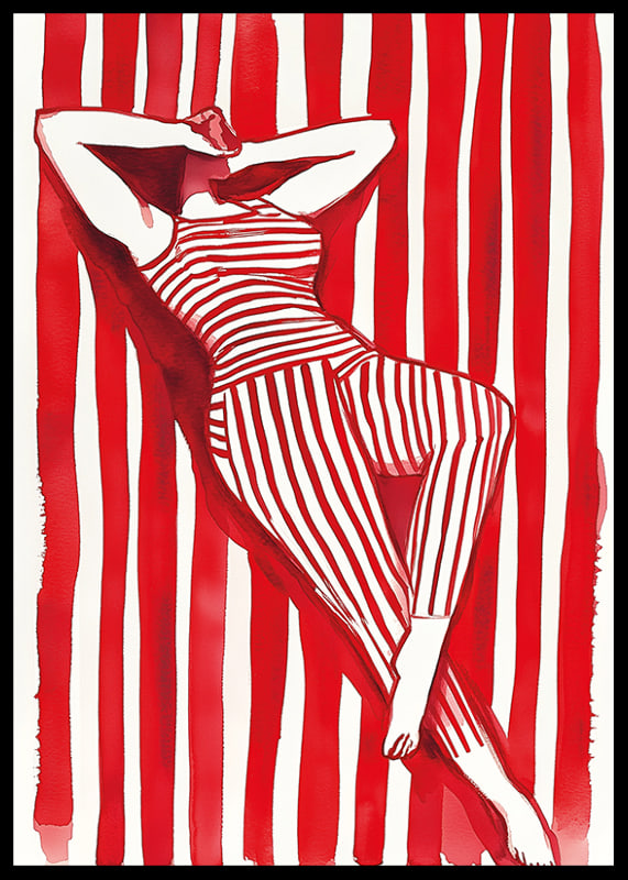 A woman resting in red and white stripes creates a hypnotic harmony-12