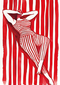 A woman resting in red and white stripes creates a hypnotic harmony-7