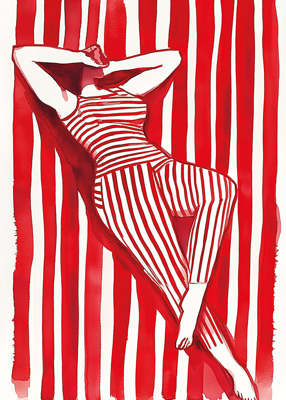 A woman resting in red and white stripes creates a hypnotic harmony-12