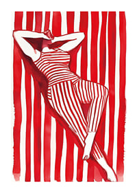 A woman resting in red and white stripes creates a hypnotic harmony-1