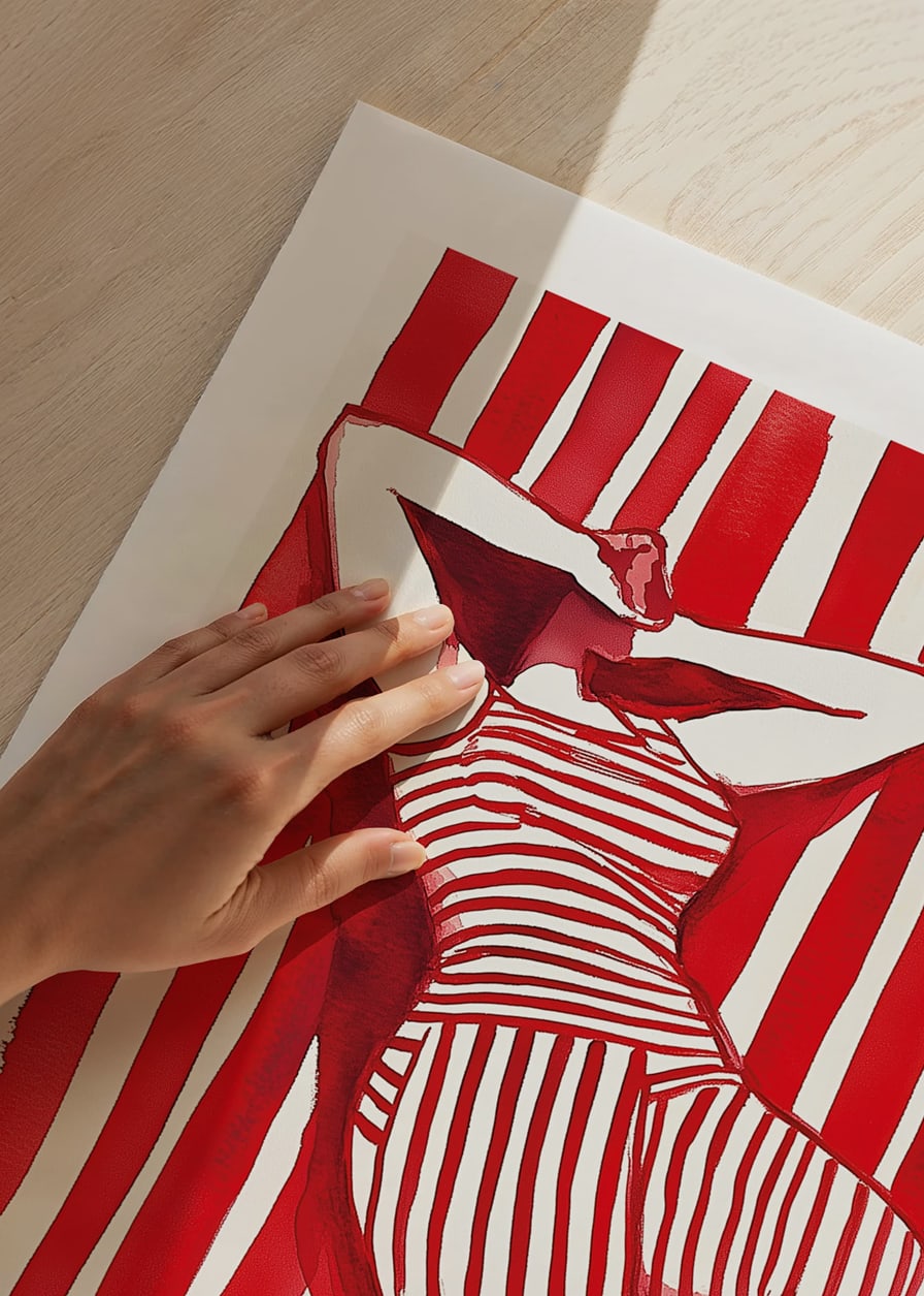 A woman resting in red and white stripes creates a hypnotic harmony-12