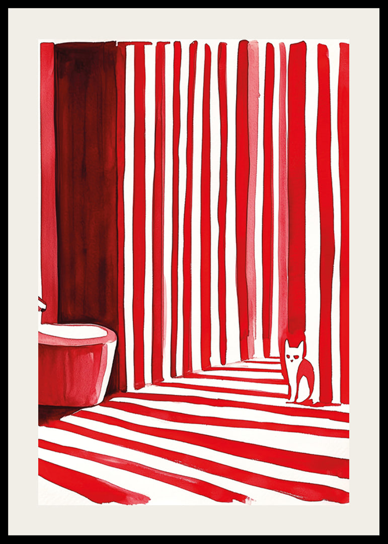 En elegant katt bland djärva, röda ränder skapar ett surrealistiskt badrumsögonblick-12