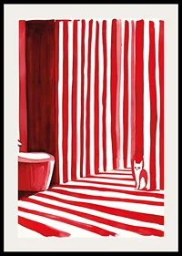 An elegant cat among bold, red stripes creates a surreal bathroom moment-2