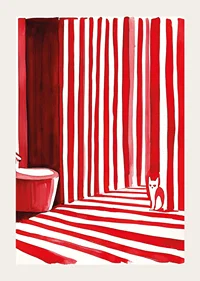 An elegant cat among bold, red stripes creates a surreal bathroom moment-3