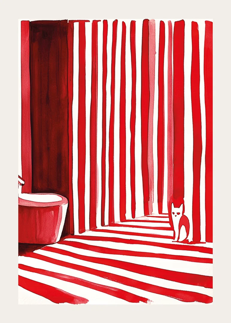 An elegant cat among bold, red stripes creates a surreal bathroom moment-12