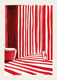 Elegantná mačka medzi výraznými červenými pruhmi vytvára v kúpeľni neskutočný moment-3