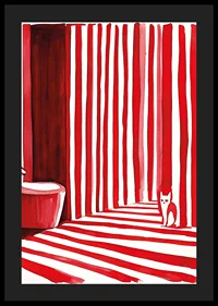 An elegant cat among bold, red stripes creates a surreal bathroom moment-4