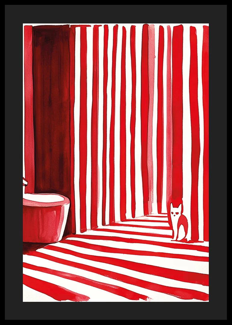 An elegant cat among bold, red stripes creates a surreal bathroom moment-12