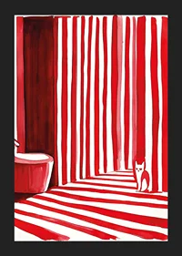 An elegant cat among bold, red stripes creates a surreal bathroom moment-5