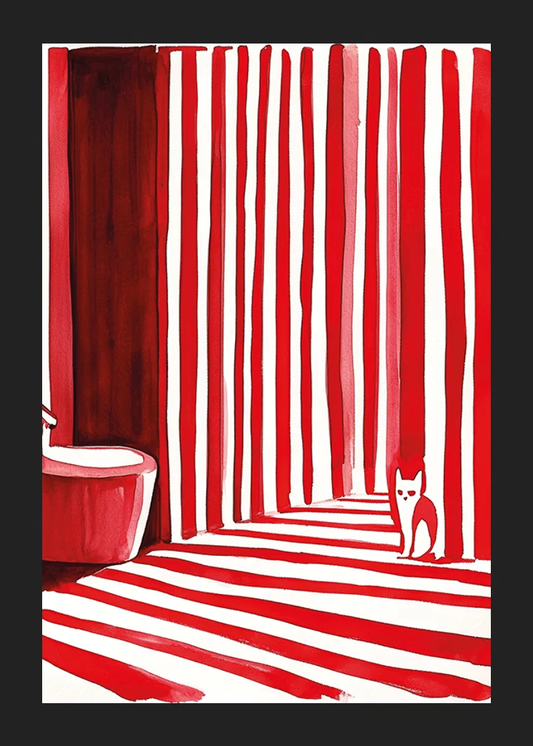 An elegant cat among bold, red stripes creates a surreal bathroom moment-12